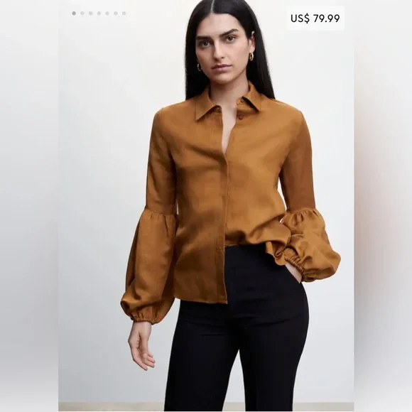 MANGO Puff Sleeve Linen Blouse - Picture 1 of 7